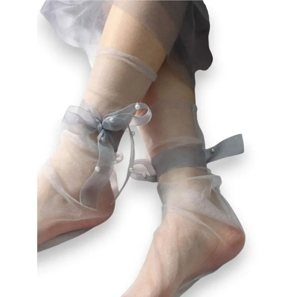 Gray Mesh Pearl Wrap Anklet Socks NWT